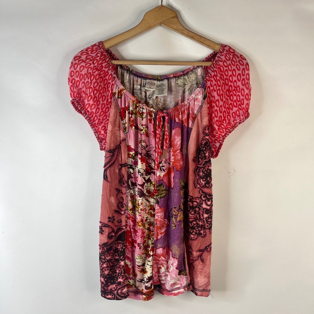 Bila Peasant Blouse Women XL Pink Floral Patchwork Boho Puff Sleeve
